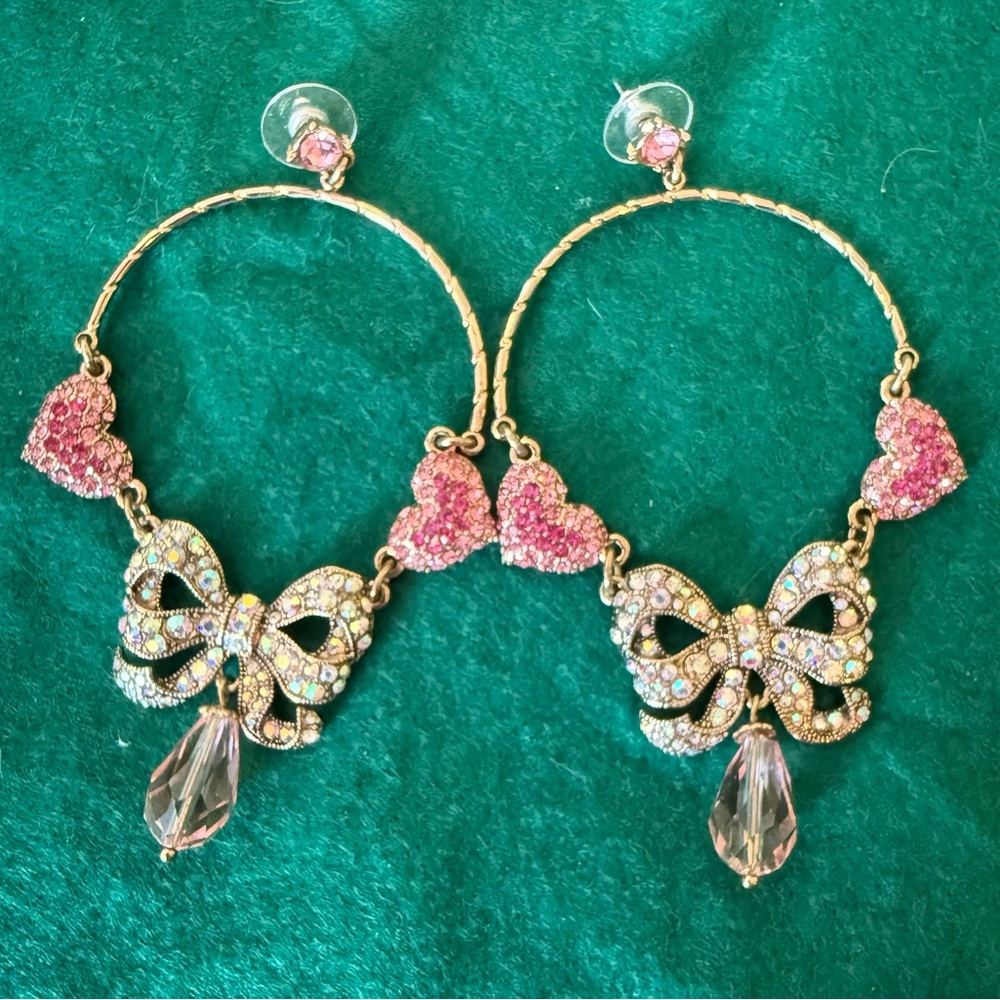 Betsey Johnson Gold and Pink Heart Bow Earrings